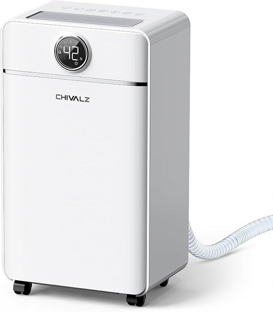 CHIVALZ 1500 Sq.ft Dehumidifier for Basement with Drain Hose, 25 Pints Dehumidifiers for Home, Bedroom, Bathroom, RV, 40dB, Intelligent Humidity Control, 3 Modes, 24H Timer, White 1Pack