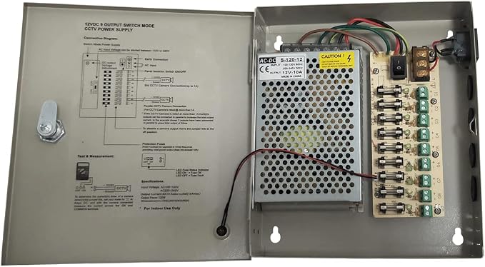 Yuarise 9 Channel/Port DC 12V 10 Amp Security Camera Power Supply Distribution with Metal Box for Security Cameras, IP Cameras, CCTV DVR Surveillance System, 9CH 10A
