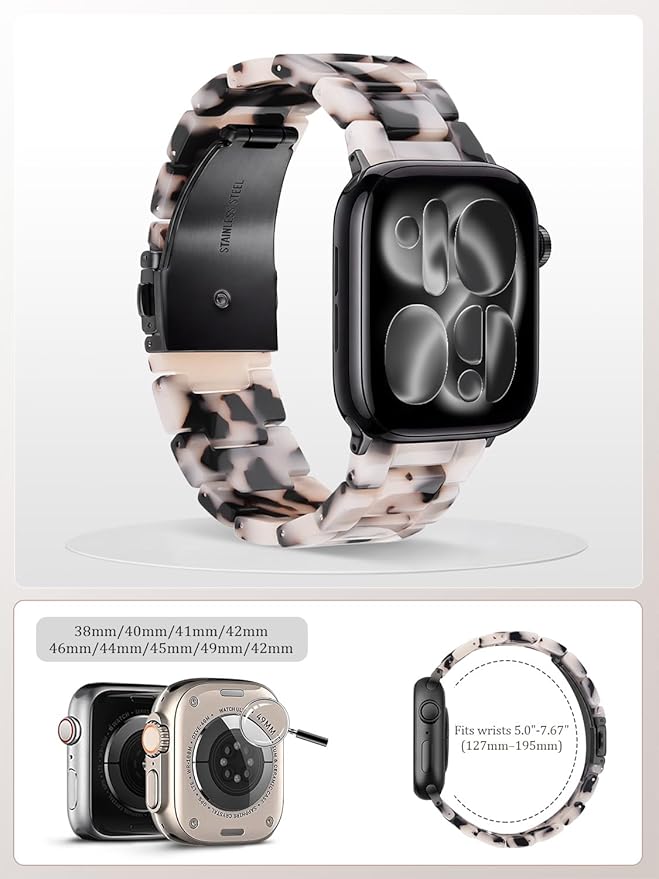 V-MORO Resin Bands Compatible with Apple Watch 42/40/41/38mm Series 11/10/9/8/7 Fashion Lightweight Strap Bracelet Compatible for iWatch Series SE/6/5/4/3/2/1(Tortoise Stone Flower-Black)