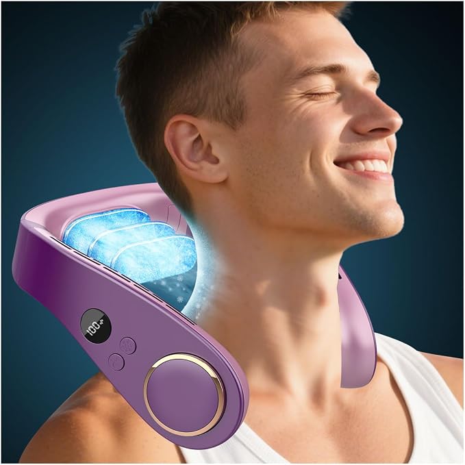 Neck Fan Air Conditioner,Cute Neck Cooling Fan with Metal Cool Plates,Quiet Wear around the Neck Fan,Headphones Long Life Neckband Unit Menopause Fan for Hot Flash Outside Outdoor Indoor Purple