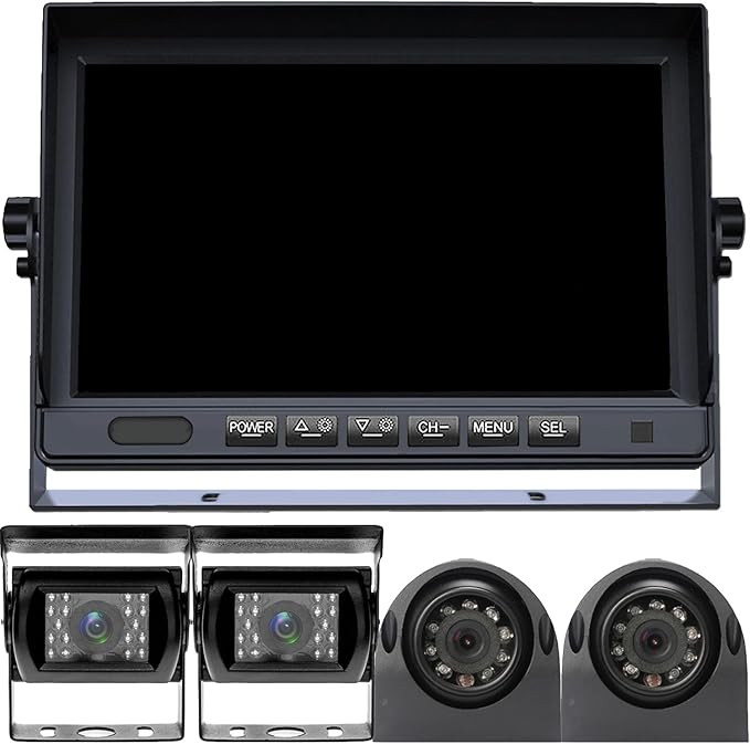RV Backup Camera System with 7'' Quad Split 1080P Monitor for Truck Trailer Semi Camper Bus & 4 AHD Rear Side View Camera with DVR Record Function IP69 Waterproof Night Vision Avoid Blind Spot DOUXURY