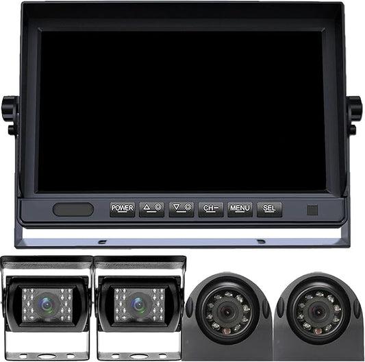 RV Backup Camera System with 7'' Quad Split 1080P Monitor for Truck Trailer Semi Camper Bus & 4 AHD Rear Side View Camera with DVR Record Function IP69 Waterproof Night Vision Avoid Blind Spot DOUXURY