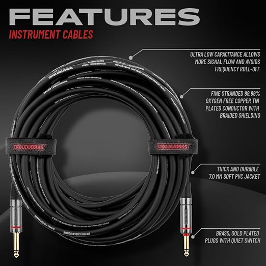 Cableworks By Gator Cases Headliner Series Premium 10 Ft Straight to Straight Guitar Instrument Cable with Quiet Switch Technology (GCWH-INS-10QT)