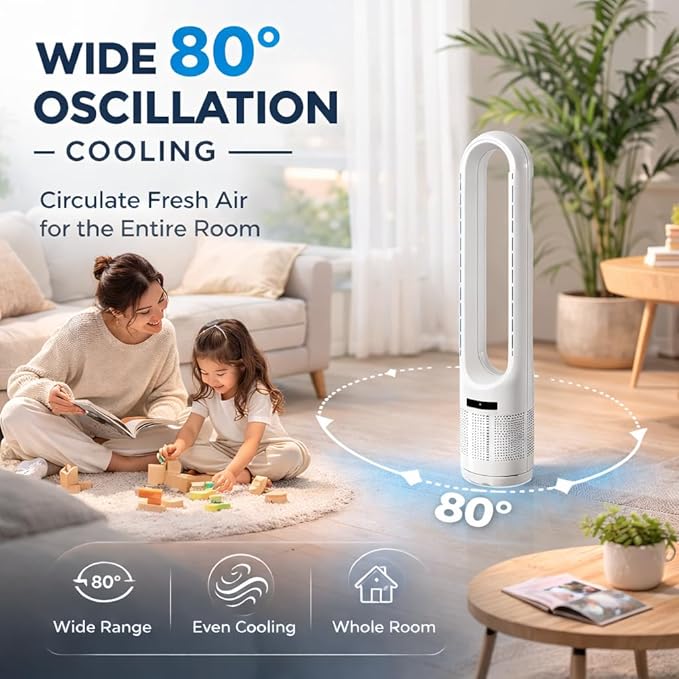 41" Bladeless Tower Fan with Air Filter, 80° Oscillating Fan with Remote Control, 8 Speeds, 8H Timer, Quiet Cooling Fan with LED Display, Standing Fan for Bedroom, Home, Office
