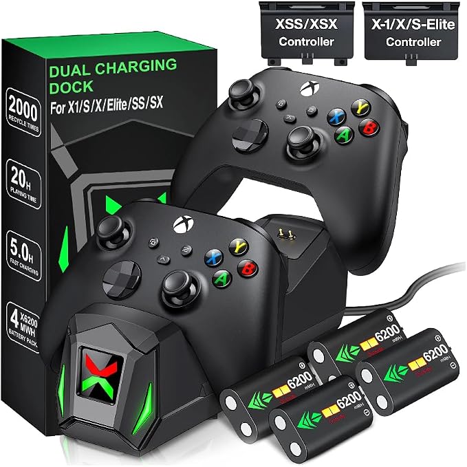 Controller Charger Station with 4x6200mWh Rechargeable Battery Compatible with One/Series X|S Controller | 4 Battery Covers, 2 for X1/X/S/Elite & 2 for Xbox Series S and X, Christmas Accessories