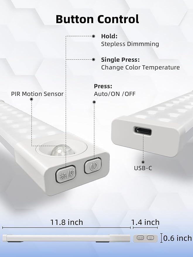 EZVALO Under Cabinet Lighting with Charging Station, 11.8'' Motion Sensor Light Indoor, 1500mAh Rechargeable LED Light, 3 Color Temperatures, Dimmable Counter Lights for Kitchen, Closet, Stair (3Pack)