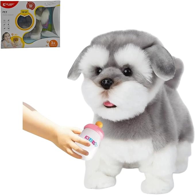 CU-MATE Electronic Walking Dog Toy, Interactive Plush Schnauzer Puppy, Realistic Interactive Pet Toy Dog, Walking, Barking, Wagging Tail & Talking, Present Gifts for 3+ Year