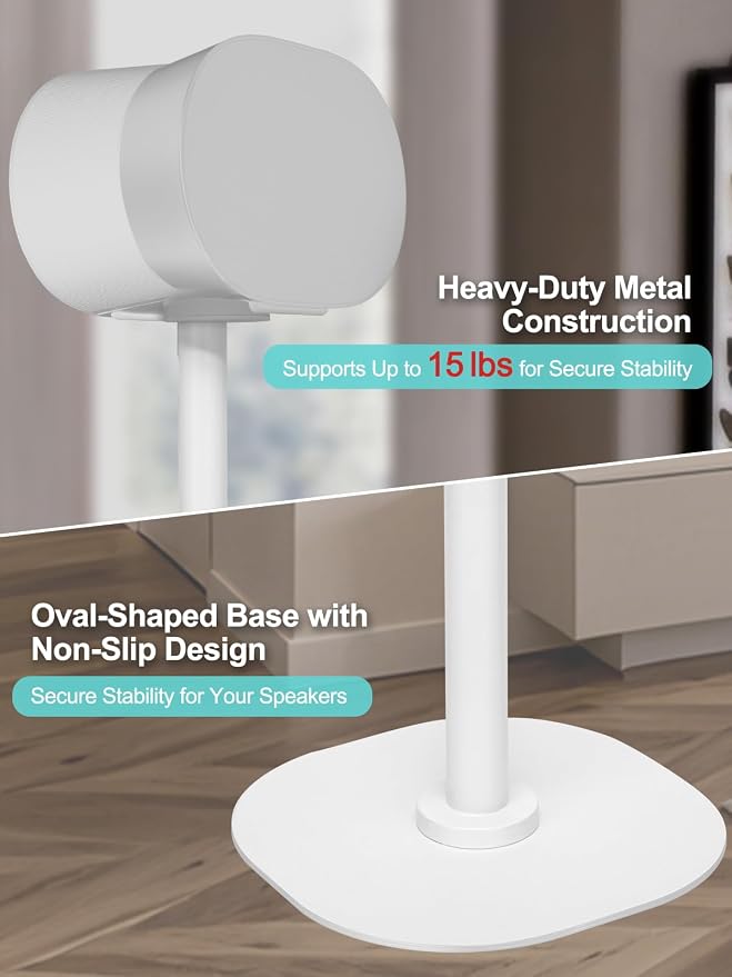 Haturi Speaker Stands Pair for Sonos ERA 300, ERA 100 SL & ERA 100, 22''–42" Adjustable Height Floor Stands with Cable Management, Heavy Duty Metal Basem, Speaker Mount White