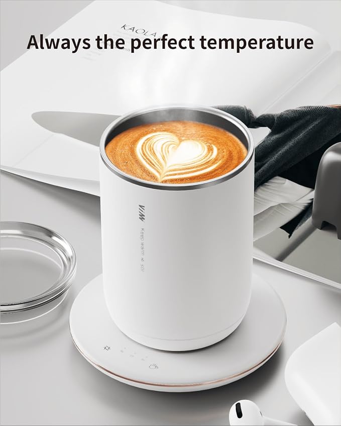 Self Heating Coffee Mug,10oz Heated Mug with Warmer,Smart Temperature Cup from 100-149℉,Keep Beverages Warm & Self Stirring,White