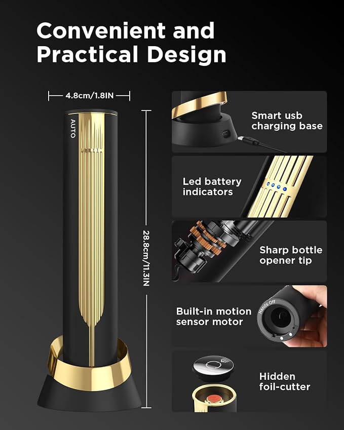 Newise Rechargeable Electric Wine Bottle Opener with Charging Base & Foil Cutter, Luxury Wine Lovers Gifts for Women Men - Gold & Black