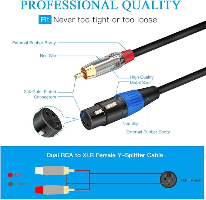 JOLGOO Unbalanced XLR Female to Dual RCA Y Splitter Breakout Cable, 1 XLR Female to 2 RCA Male Y Breakout Cable Adapter Cord, 3.3 Feet