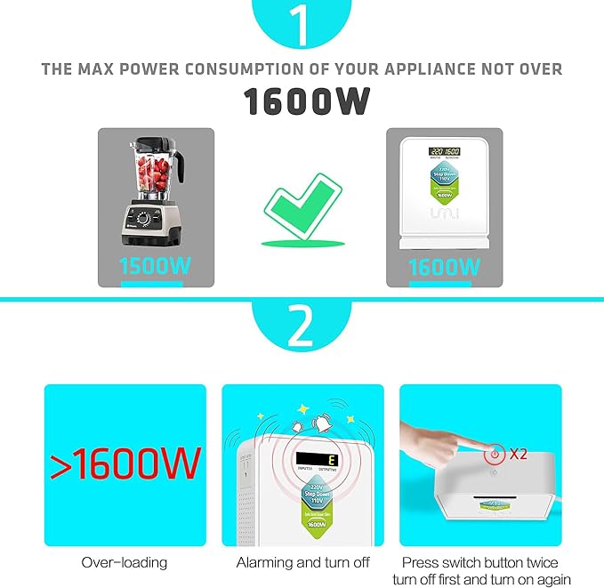 UMI 220V to 110V Voltage Power Converter Step Down Transformer 1600 Watts Capacity with 2 Output Voltages 110V and 100V, White