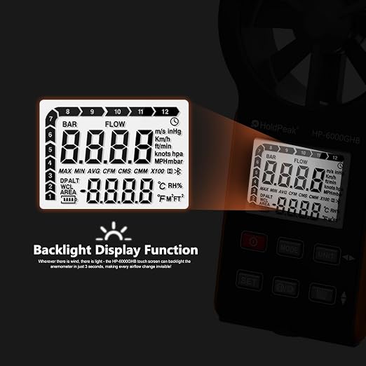 HOLDPEAK Handheld Anemometer, Digital Wind Speed Meter for HVAC, Drone Flying, Sailing & Weather Monitoring, Portable Air Flow Tester with Backlight, Rechargeable Battery, and Auto Shut-Off
