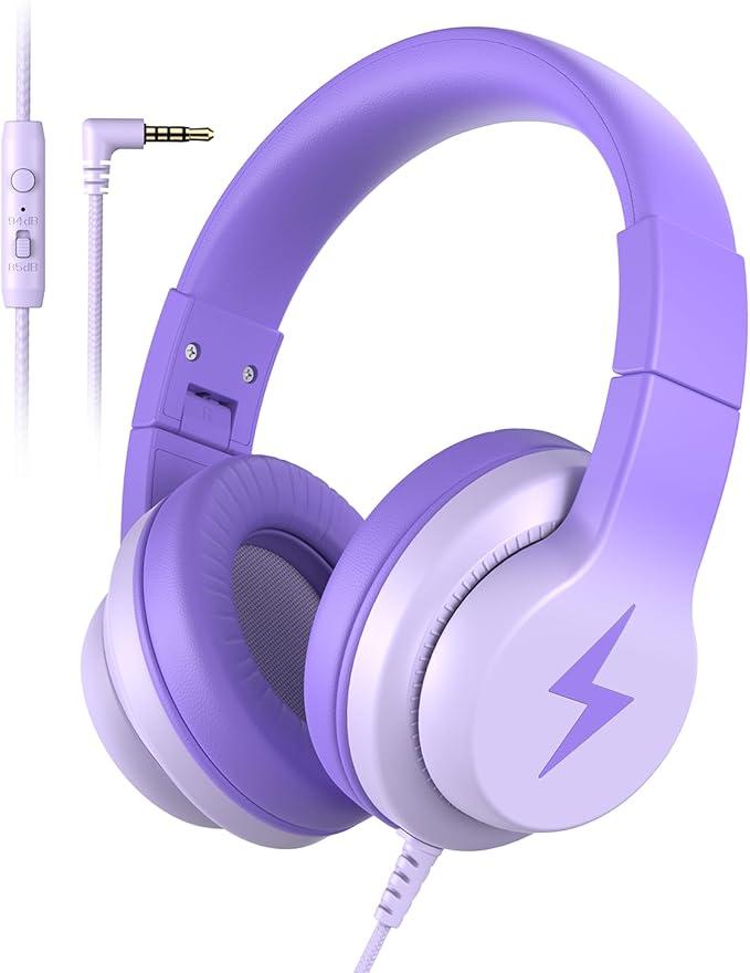 Candy Bila Kids Headphones, Wired Headphones for Kids Over Ear with Microphone, Foldable Headphone for Learning & Entertainment, Gradient Deep Purple