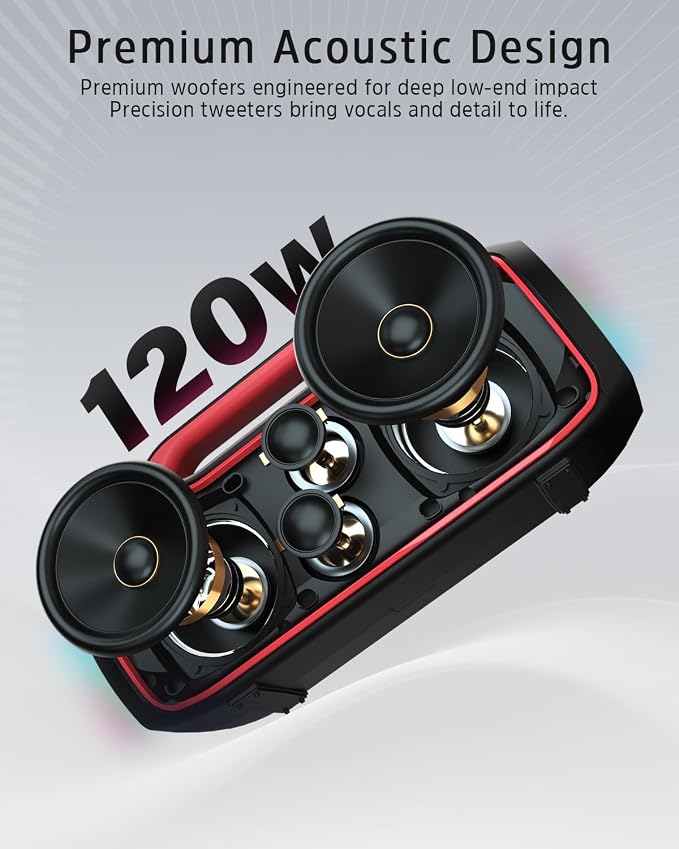 Portable Bluetooth Speaker Wireless, 120W Peak Deep Bass Loud Stereo Sound, BT5.4, IPX6 Waterproof, 20-Hour Battery Life, RGB Lights, TWS Pairing, Party Speaker for Outdoor, Beach, Camping, Tailgate