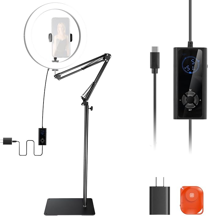 NEEWER 12" 24W High Power LED Ring Light Compatible with iPhone, 60" Overhead Folding Light Stand/Phone Holder Mount for Video Recording Selfie Makeup Streaming, 2900-7000K USB C PD Input CRI97+, RH12