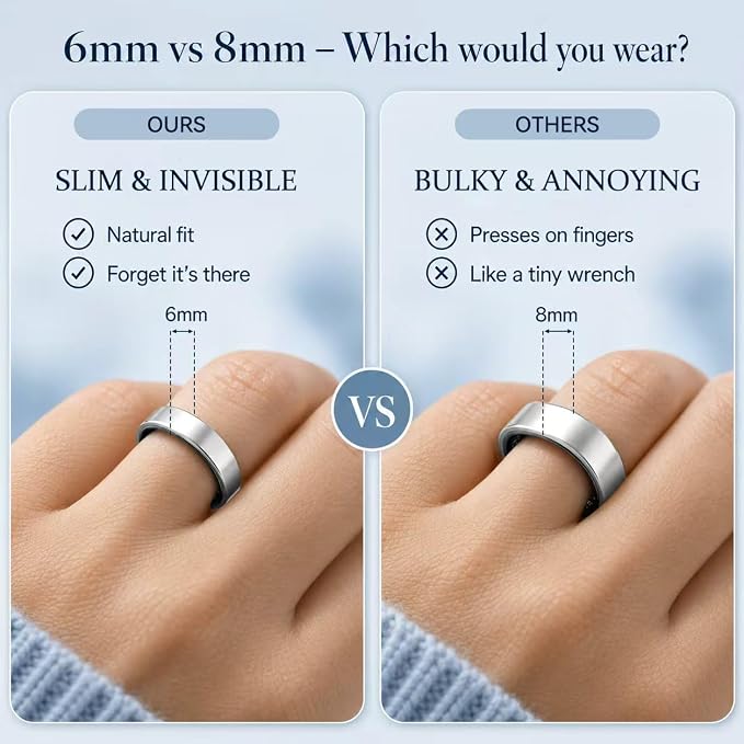 Smart Fitness Ring for Men and Women – Lightweight & Barely‑There Feel, Track Heart Rate, Stress, Sleep, Steps & SpO2, Ultra‑Slim 6mm,10ATM Waterproof, No Subscription Fee, Sliver 9