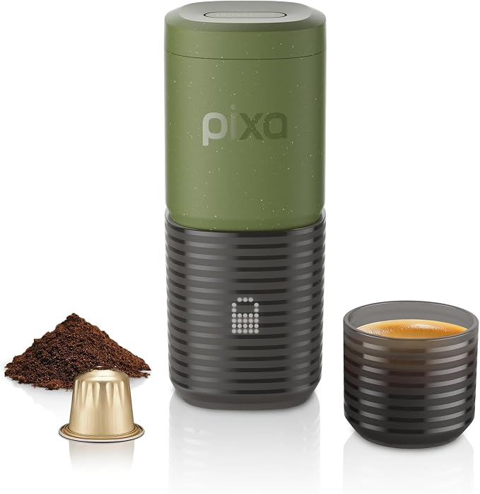 WACACO PIXAPRESSO, Coffee Machine Electric & Portable, With 4 Coffee Types & Fast Heat-Up, 3 * 3000mAh Battery, 20 Bar Portable Espresso Maker For Ground Coffee & NS Capsule, Olive Green