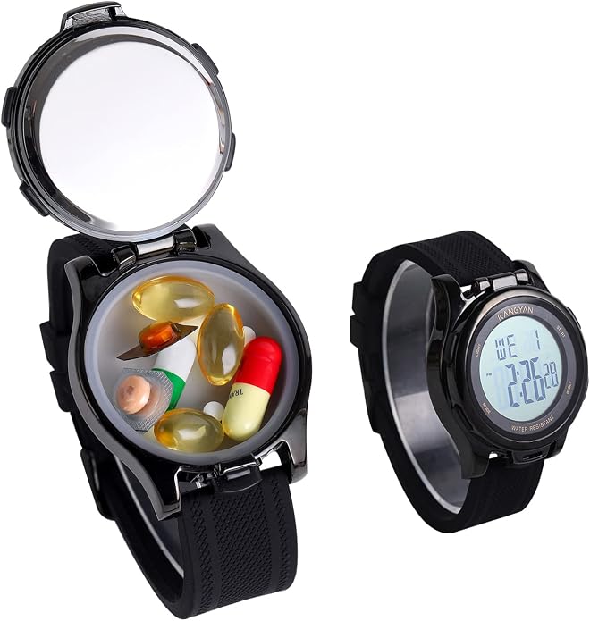 Watch with Pill Box, Fashion Business Digital Watches for Men, Water Resistant Pill Box for Emergency, EDC Box for Emergency, Small Pill Case for Vitamin, Fish Oil