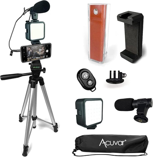 Acuvar Vlogging Kit with Tripod, LED Light, Microphone & Phone Mount – Compatible with Smartphones, Cameras & Tablets (2) Advanced Kit