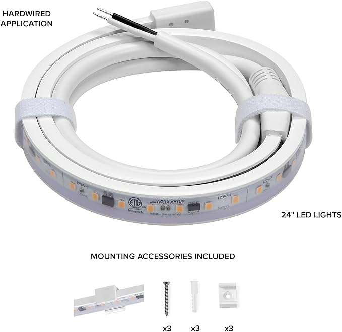 Maxxima 24 in. Hardwired LED Under Cabinet Strip Light, 920 Lumens, 3000K Warm White, Kitchen and Living Room 120V White Cove Lighting, No Power Supply Needed