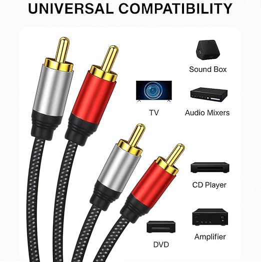 2RCA to 2RCA Audio Cable 33FT Gold-Plated Male to Male Stereo Subwoofer Cable, Nylon-Braided Hi-Fi RCA Cables for Home Theater, Car Audio, Amplifiers, Speakers (Dual Shielded Copper Core)