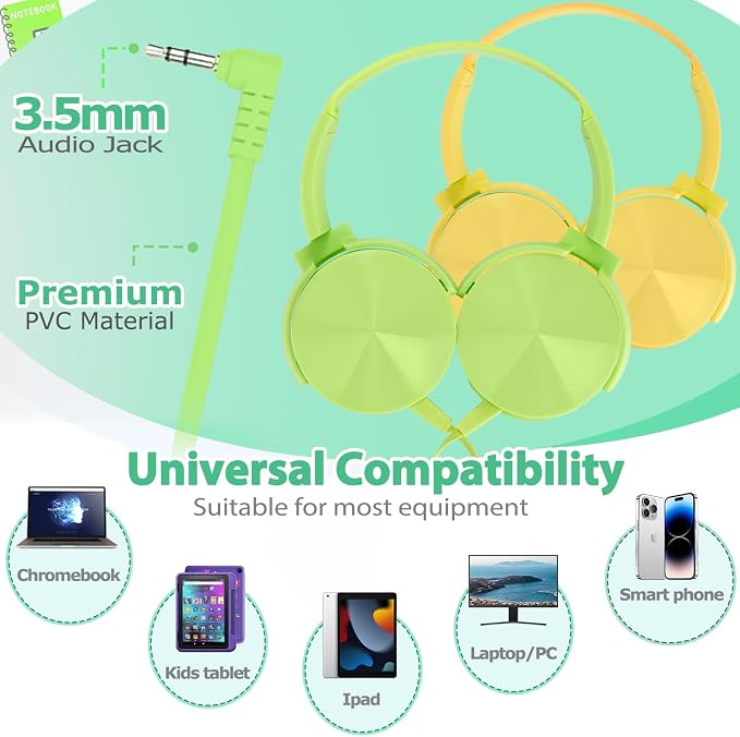 2 Pack Kids Headphones for School Classroom K-12, Swivel Foldable, HD Stereo, 3.5mm Jack Wired Headphone for Kids Children Student (Blue+Pink)