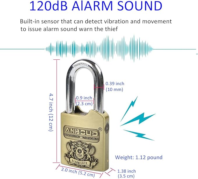 Alarm Padlock - Anti-Theft Heavy Duty Security Alarm Lock - 120db Alarm Sound & 4 Keys-Weatherproof Padlock for Storage Shed, Garage, Locker, Sliding Doors, Cabinets and More - Bronze (10 mm)