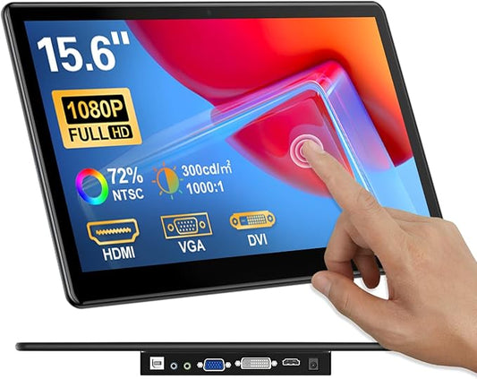 15.6" Portable Touchscreen Monitor, FHD 1920×1080 IPS Ra Pi Touch Screen Monitor for Laptop HDMI VGA DVI 10-Point Touchable Display VESA 75x75 Mountable for Laptops PC Pi POS Kiosk Home Industrial