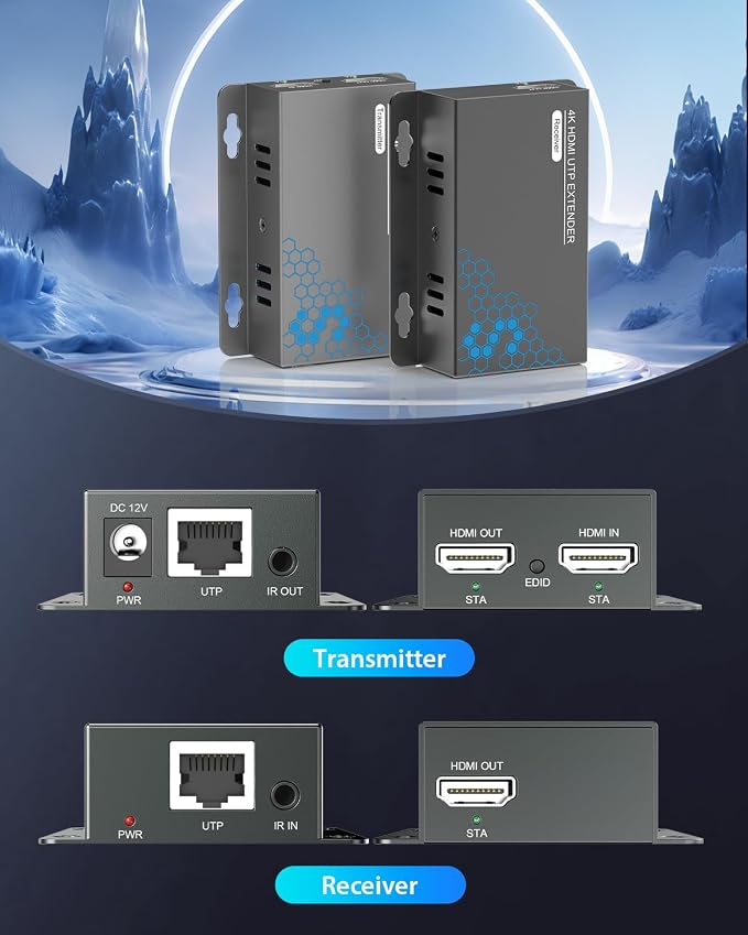 4K HDMI Extender Over Ethernet CAT5e/CAT6/6a/CAT7 230FT 4K@30Hz | Equipped with IR, Loop Out, POC & EDID for Home Theater, Office, Church, Classroom & Outdoor Screen, with Mounting Holes
