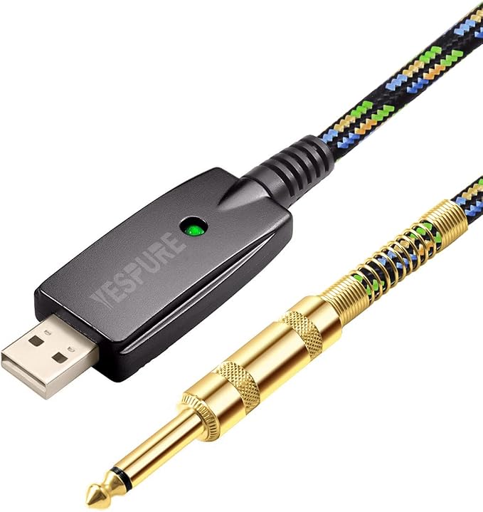 USB Guitar Cable 10Ft,USB Guitar Interface Male to 6.35mm 1/4 inch Gold-Plated TS Mono Plug,Nylon Braid Recording Cable Compatible with Windows Mac OS for Guitar,Bass,Microphones,and More