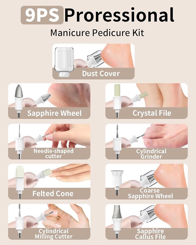 Manicure Pedicure Kit, Professional Nail Grinder for Senior Thick Toenail, Cordless Electric Nail File, 5 Speeds Pedicure Tools for feet Callus Remover, Nail Drill for Women Hand Feet Care