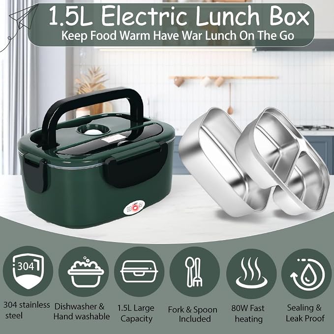 Electric Lunch Box for Adults - 1.5L Single/Double Layer Stainless Steel Food Warmer - 80W Fast PTC Heated Lunchbox, 12V/24V/110V Portable Food Heater for Car&Truck, Office, Camping, Travel(Green)
