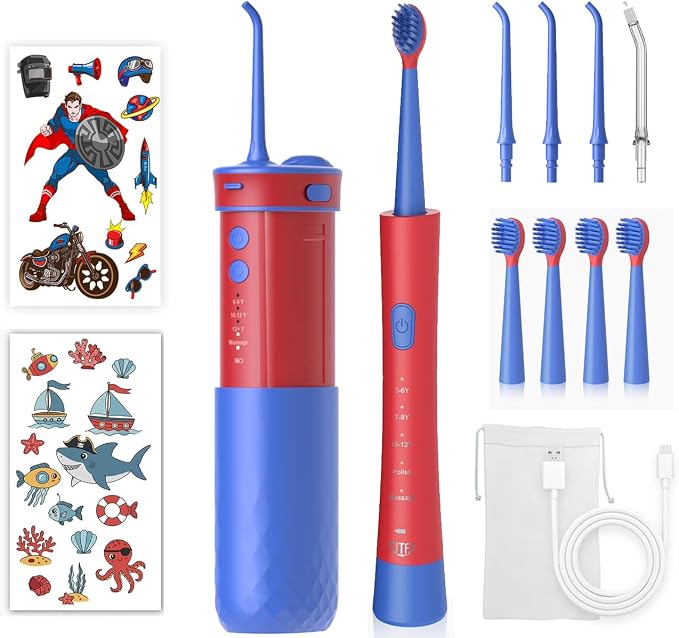 JTF Electric Toothbrush with Water Flosser Combo for Kids: 2-1 Oral Clean Kit for Teeth Brushing & Flossing, Multiple Modes for Braces & Sensitive Gums Care, Cordless Rechargeable for Home & Travel