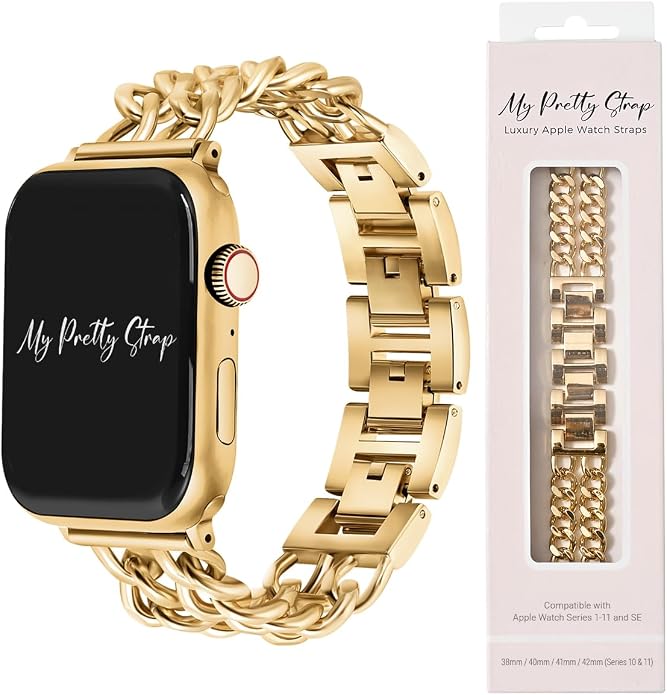 My Pretty Strap - Compatible Apple Watch Band Strap, Stainless Steel Fashion iWatch Replacement Strap- Easy Resizing, No Tool Needed, Fits Most Wrists- Compatible with Series 1-11, SE and Ultra
