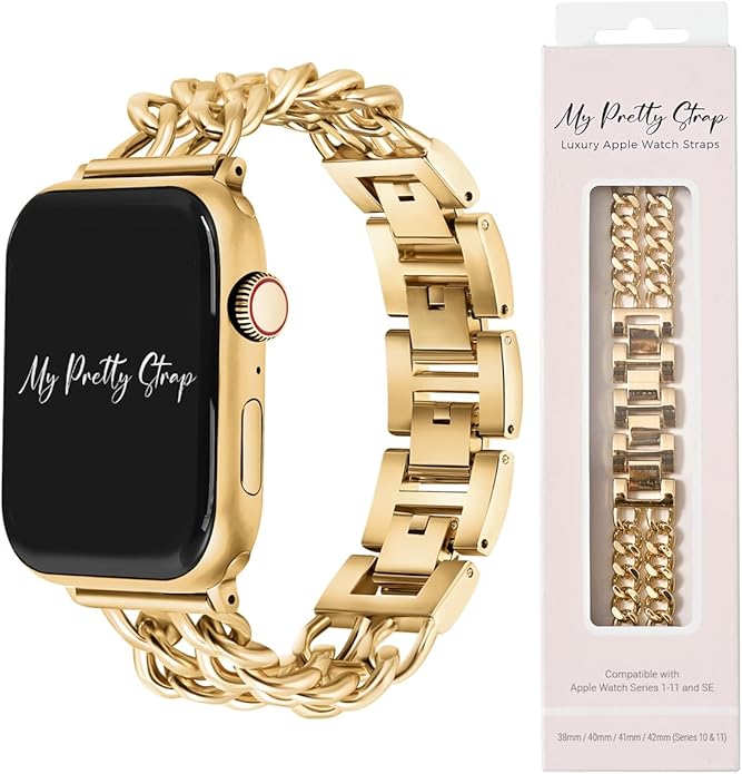 My Pretty Strap - Compatible Apple Watch Band Strap, Stainless Steel Fashion iWatch Replacement Strap- Easy Resizing, No Tool Needed, Fits Most Wrists- Compatible with Series 1-11, SE and Ultra