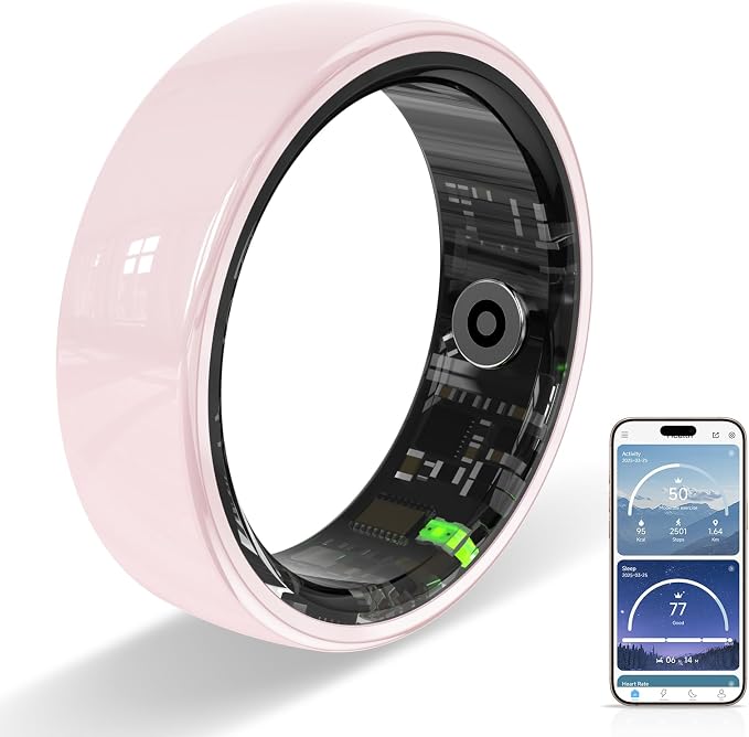 Ceramic Smart Ring, Advanced Health & Fitness Tracker with Heart Rate, Blood Oxygen, Sleep Monitoring, 5ATM Waterproof, Long-Lasting Battery, Remote Camera Control, for Android & iOS (Pink, 8)