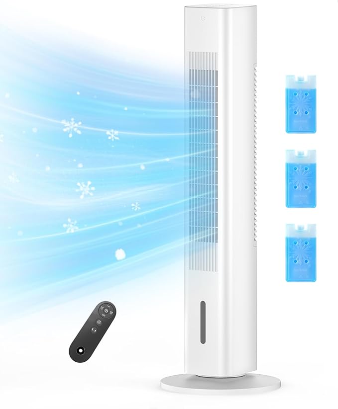 Evaporative Air Cooler, 36-inch Oscillating Tower Fans that Blow Cold Air, Portable Air Conditioner with Remote, AC Unit, Humidifier, Swamp Cooler for Indoor, Chalky