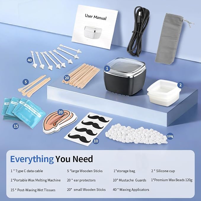 Nose Wax Kit Men, Nose Ear Hair Waxing Kit for Men and Women with 120g Wax, 65 Sticks, Nose Ear Hair Removal Kit, USB Fast Heat, Smart Constant Temp, Multi-Accessories, Black