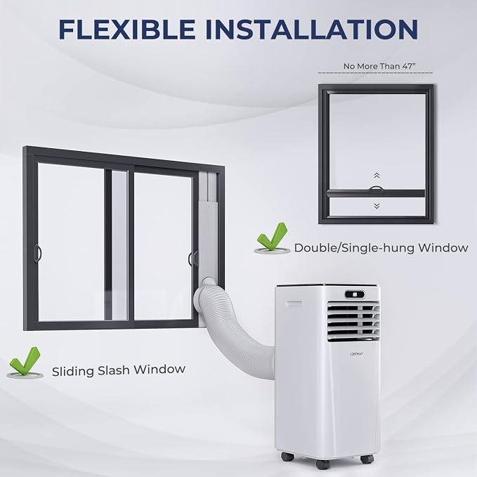 COSTWAY Portable Air Conditioner, 8000BTU AC Unit with Drying, Fan, Sleep Mode, 24H Timer, Remote Control, Cools Room up to 230 Sq. ft, for Home & Office Use, Window Kit Included, White(8000BTU)