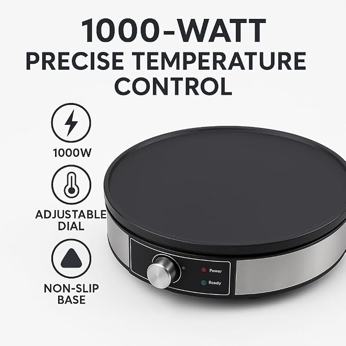 Morning Star 12-Inch Electric Crepe Maker with Nonstick Cooktop | Portable Griddle | Adjustable Temperature Control | Includes Wooden Spatula, Batter Spreader, 2 Recipe Booklets