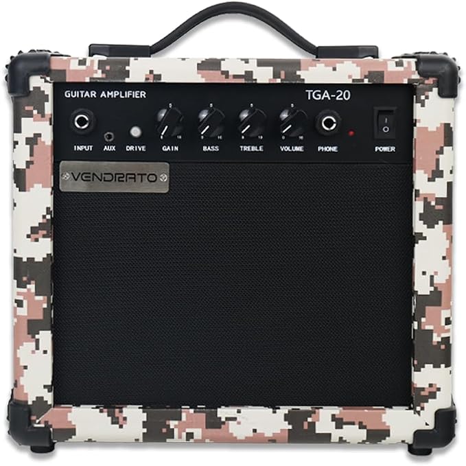 Electric Guitar Amplifier Camo Pixel Color 20W Guitar Amp Portable Practice 6.5Inch Speaker Input Jack Aux Drive Gain Bass Treble Volume Headphone Multi Function Suitable for Beginner Starter