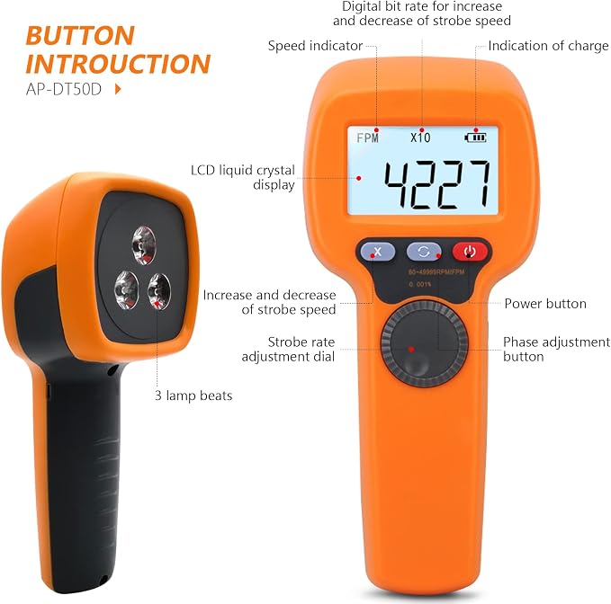 Digital LED Stroboscope Measuring 60-49999 RPM/Hz, Non-Contact Tachometer with 0.001% Accurate Estroboscopio Non-Contact Motor Engine Speed Analyzer for HVAC Motor Engine Speed Tester