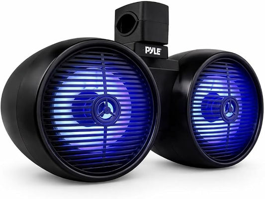 Pyle Dual Waterproof Off-Road Speakers - 8" 300W 2-Way Marine Wakeboard Tower Sound System w/LED Light, Full Range Outdoor Stereo Speaker for Car, ATV, UTV, Jeep, Boat, Includes Brackets (Black)