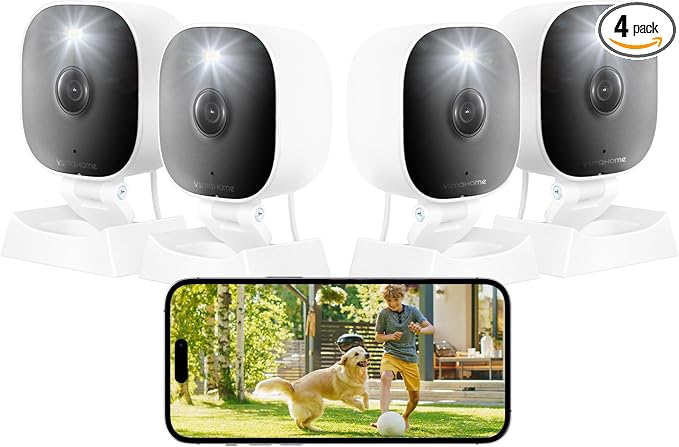 2K Cameras for Home Security,Indoor/Outdoor for Baby/Elder/Pet Monitoring with Phone app,Plug&Play,Color Night Vision,2-Way Audio 24/7 Recording,Support 128G Card ( Not Included),4 pcs,6.56ft Wire