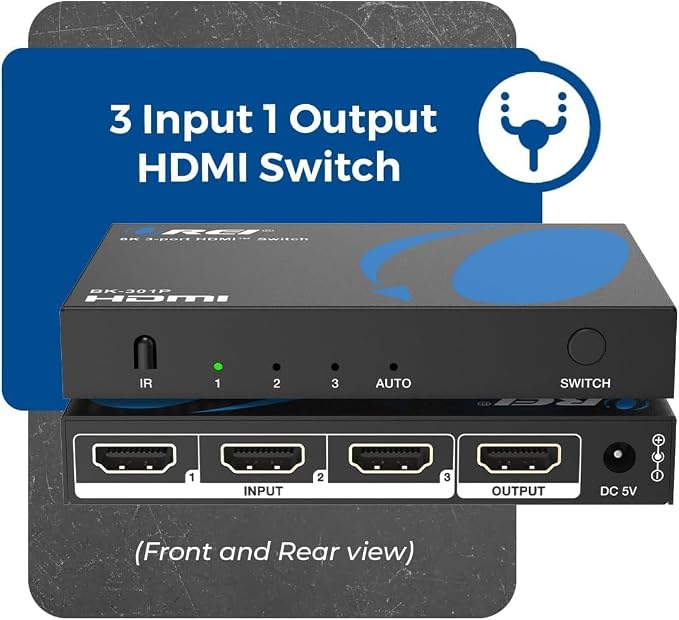 OREI 8K 3-Port HDMI 2.1 Switch, 3-in 1-Out, 8K@60Hz, Manual & Auto Switch