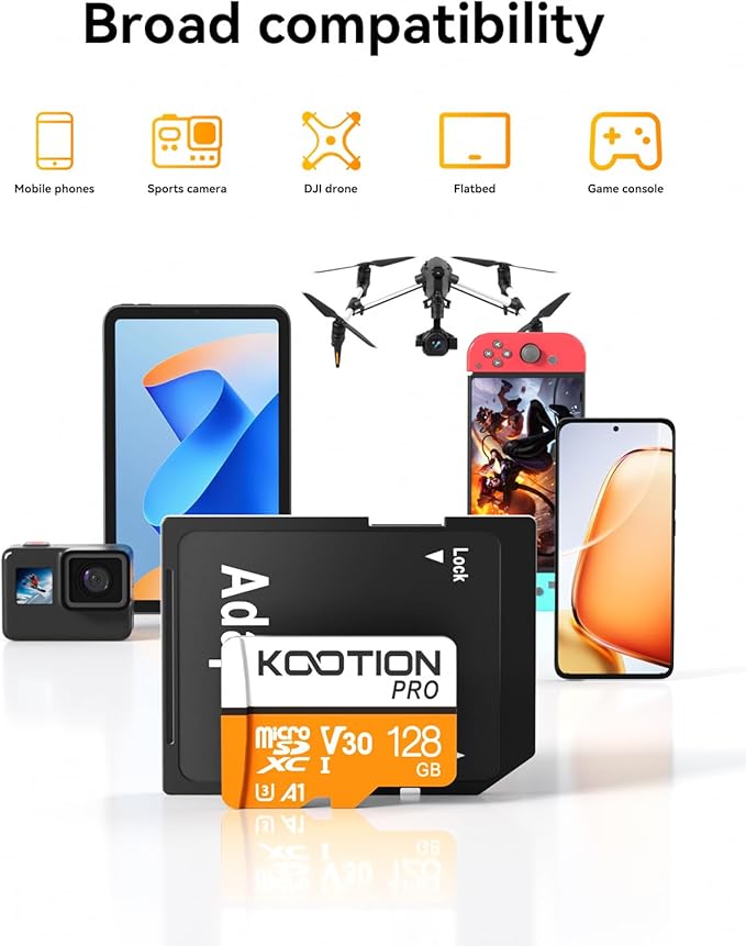 KOOTION 5 Pack Micro SD Cards 128GB, U3 microSDXC Flash Memory Card for 4K Video Recording, A1, V30, Full HD, C10 TF Card with Adapter