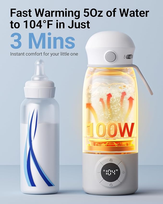 Bear Portable Bottle Warmer for Travel, Milk Warmer for Breastmilk Formula | 17oz Large Capacity Water Warmer with Precise Temp Control, Fast Heating&Long Battery for Travel Car Airplane