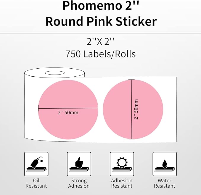Phomemo D520BT Thermal Label Printer for Business, with 2” Pink Circle Thermal Labels, 750 Labels/Roll