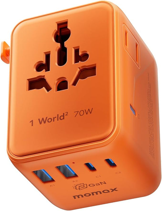 MOMAX Mini 7-in-1 Universal Travel Adapter, GaN 70W Dual AC, 3 USB-C & 2 USB-A, Travel Essentials for 200+ Countries – International Charger for Laptop, Phone, US/EU/UK/AU Plug